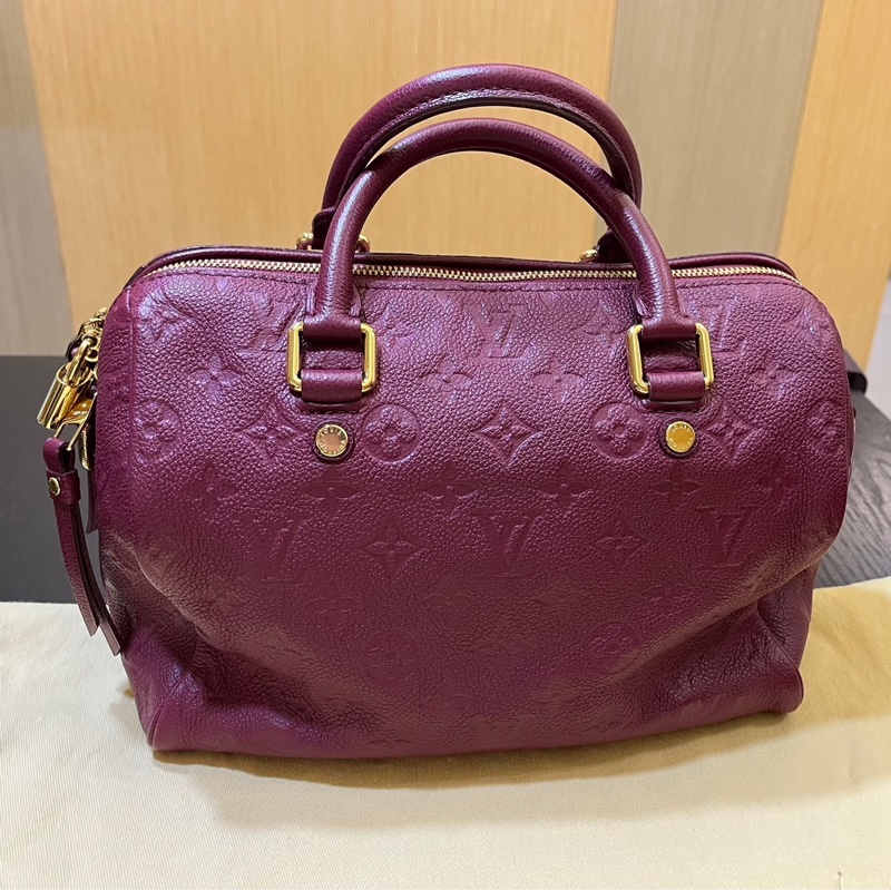 LV SPEEDY 25 酒紅色牛皮壓紋 波士頓包-0