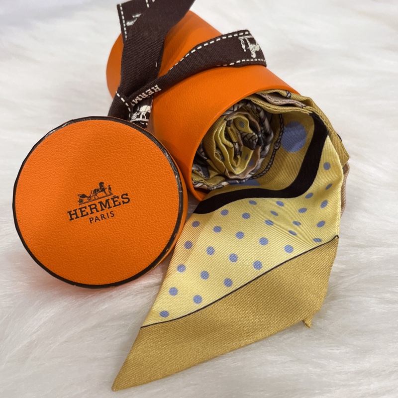 HERMES 愛馬仕 Twilly土黃點點皮帶圖案絲巾一對-2
