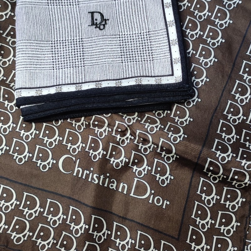 DIOR迪奧純蠶絲絲巾+純棉手帕兩件組/9新-0