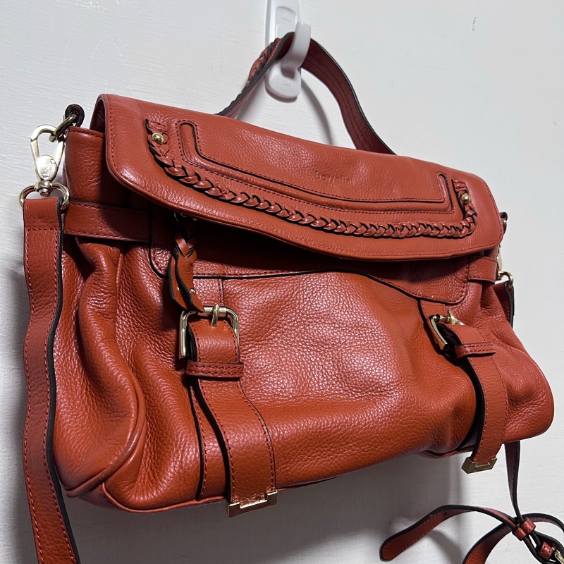 Borsalini 寶莎禮妮 橘紅 荔枝牛皮 兩用郵差包 側背包 斜背包 單肩包 復古機車包 肩背包 手提包-2
