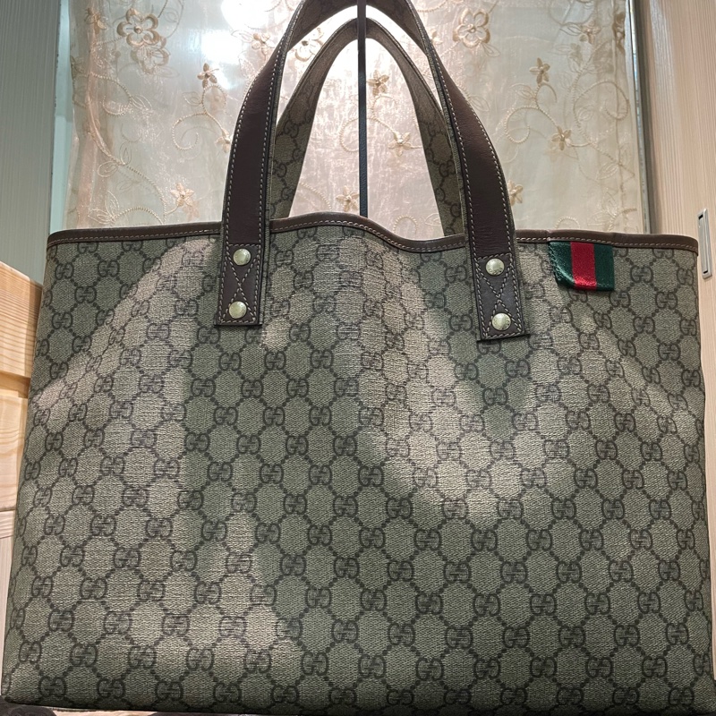 正品二手GUCCI 帆布托特包 211134 雙G印花手提單肩包/兩用包/古馳/購物袋/雙面/手提袋-0