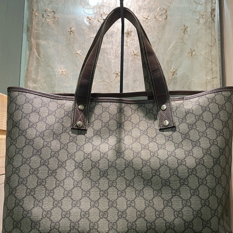 正品二手GUCCI 帆布托特包 211134 雙G印花手提單肩包/兩用包/古馳/購物袋/雙面/手提袋-1