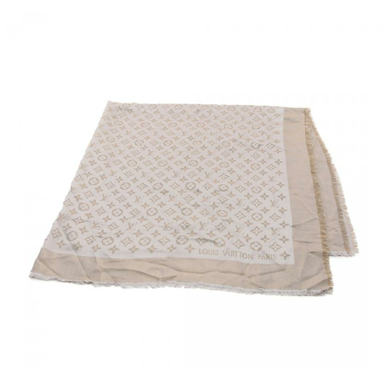 【日本直送】 中古LOUIS VUITTON 9成新 老花圍巾 絲 羊毛 金色 灰色-0