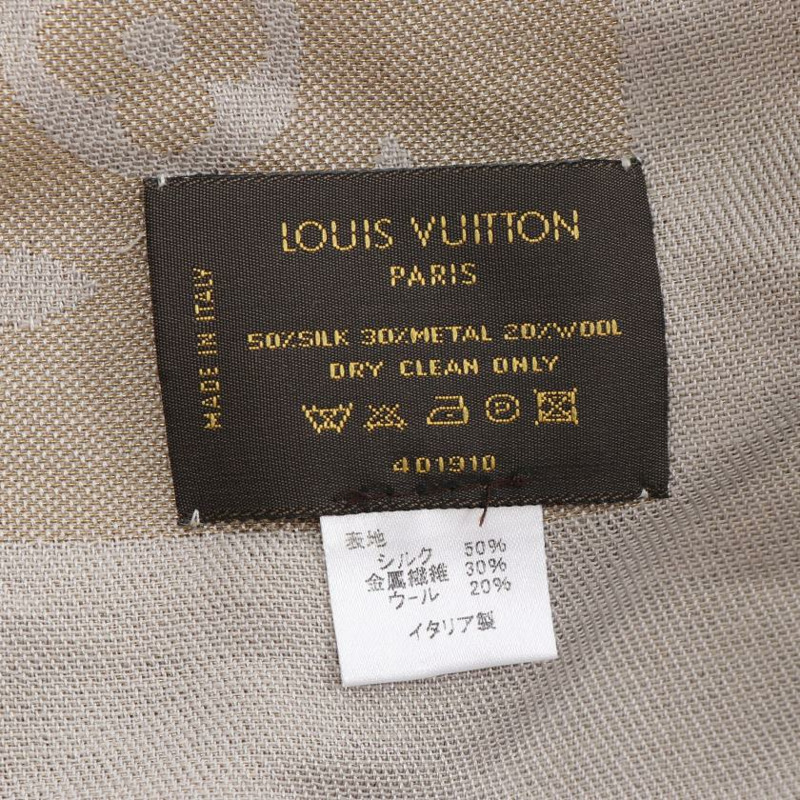 【日本直送】 中古LOUIS VUITTON 9成新 老花圍巾 絲 羊毛 金色 灰色-1