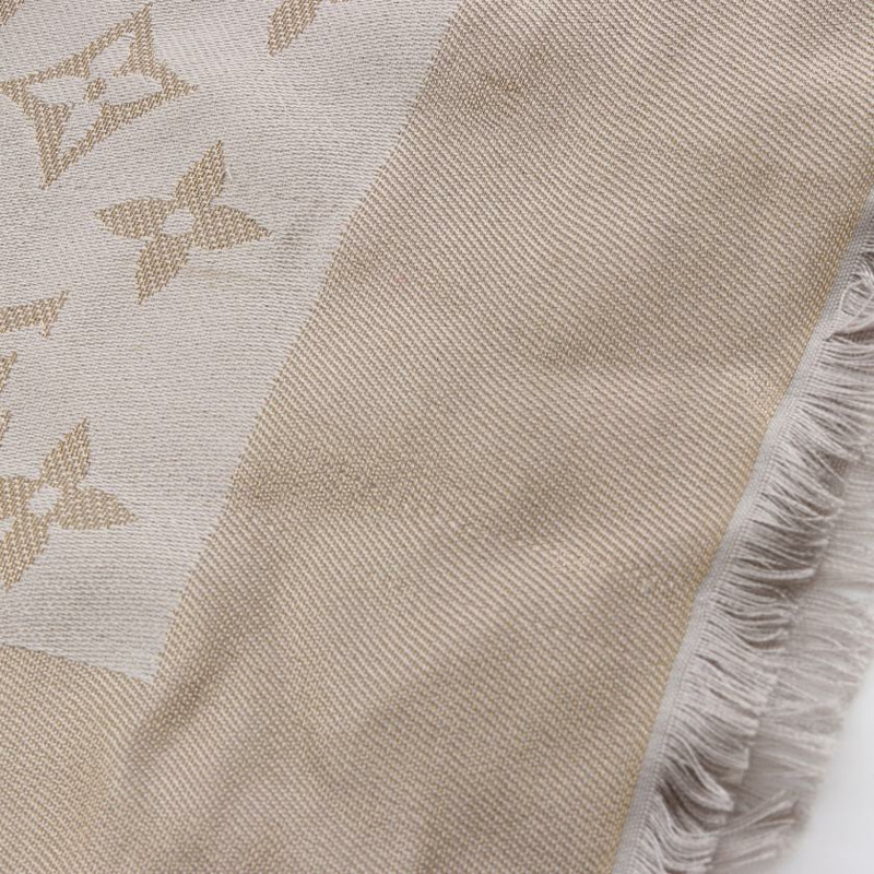 【日本直送】 中古LOUIS VUITTON 9成新 老花圍巾 絲 羊毛 金色 灰色-7