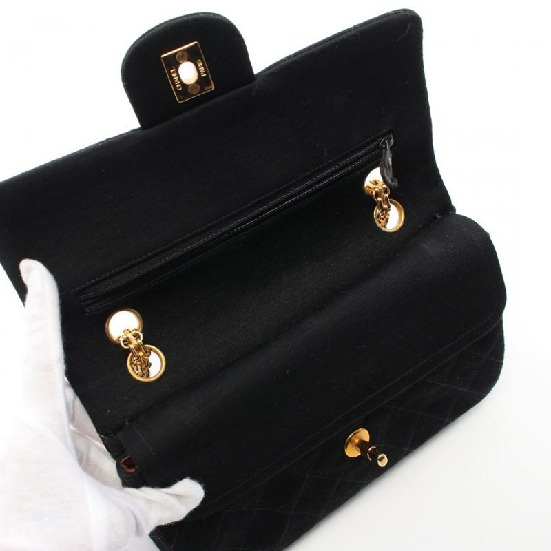 【日本直送】 中古CHANEL 9成新 CF 菱格紋 雙翻蓋 雙鏈條肩包 針織 黑色 金色五金 MADEMOISELLE鏈條-4