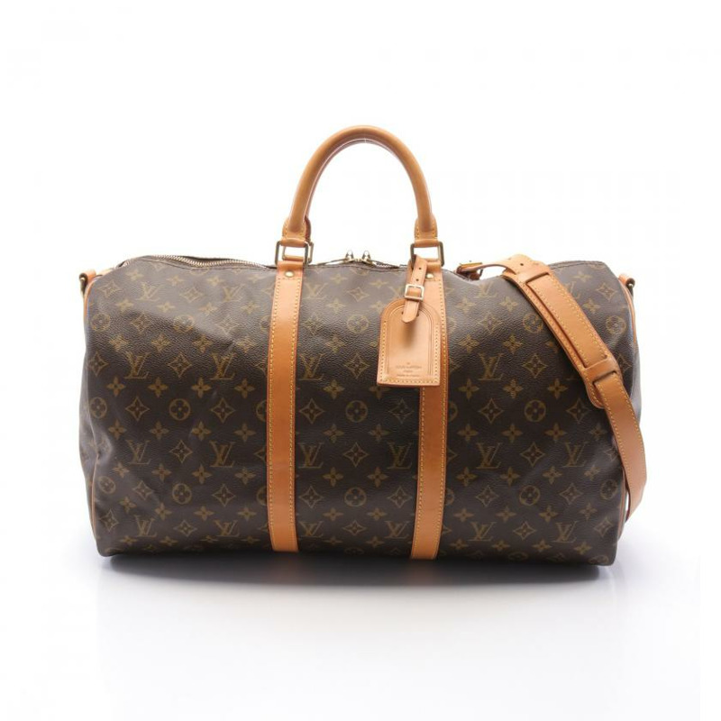 【日本直送】 中古LOUIS VUITTON 9成新 Keepall Bandouliere50 老花行李包 PVC 真皮 棕色 兩用款-0