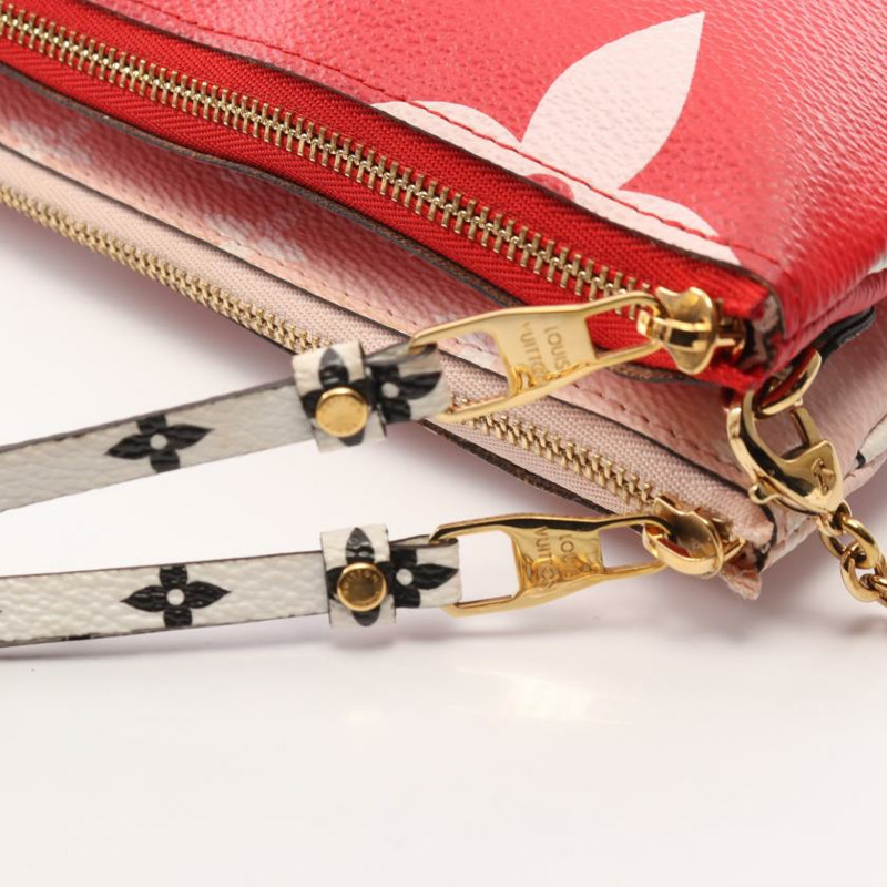 【日本直送】 中古LOUIS VUITTON 9成新 Pochette Double 拉鍊老花Giant 鏈條肩包 PVC 紅色 多彩色-8