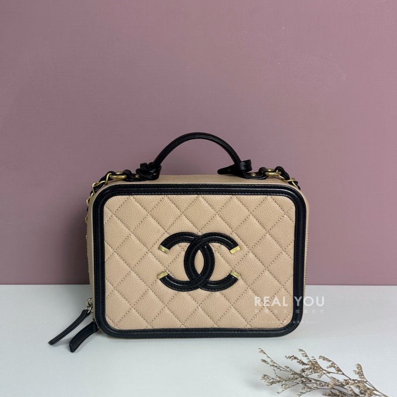 CHANEL 荔枝皮相機包中號 - 米黑-0