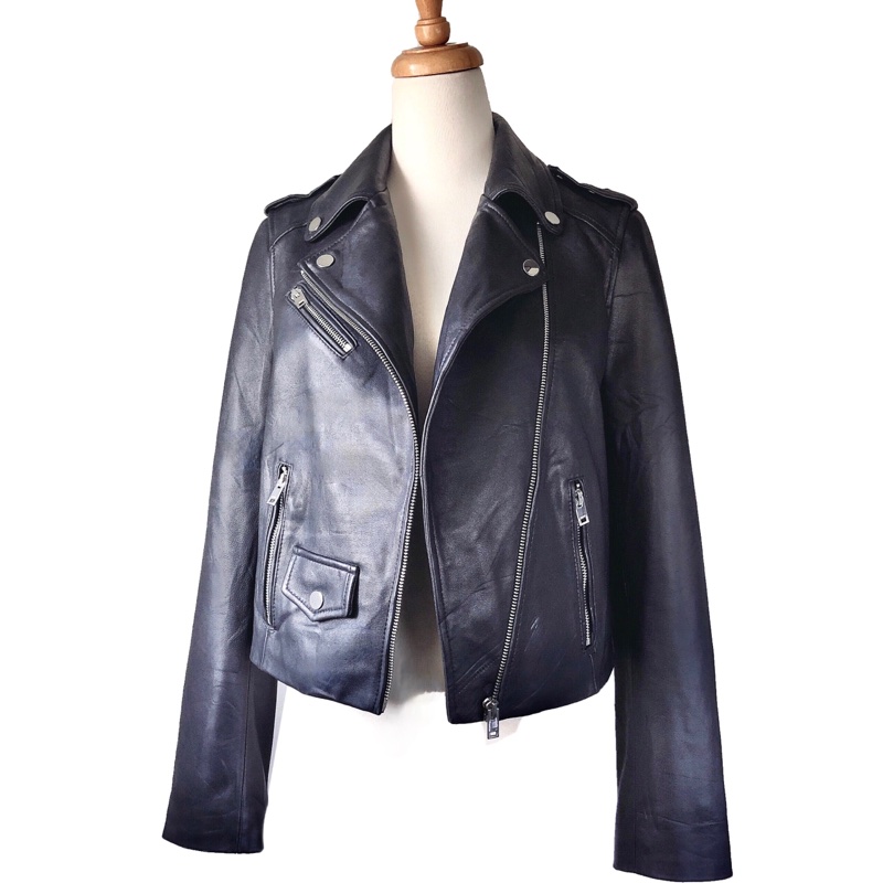 only品牌真皮女翻領夾克機車外套-0