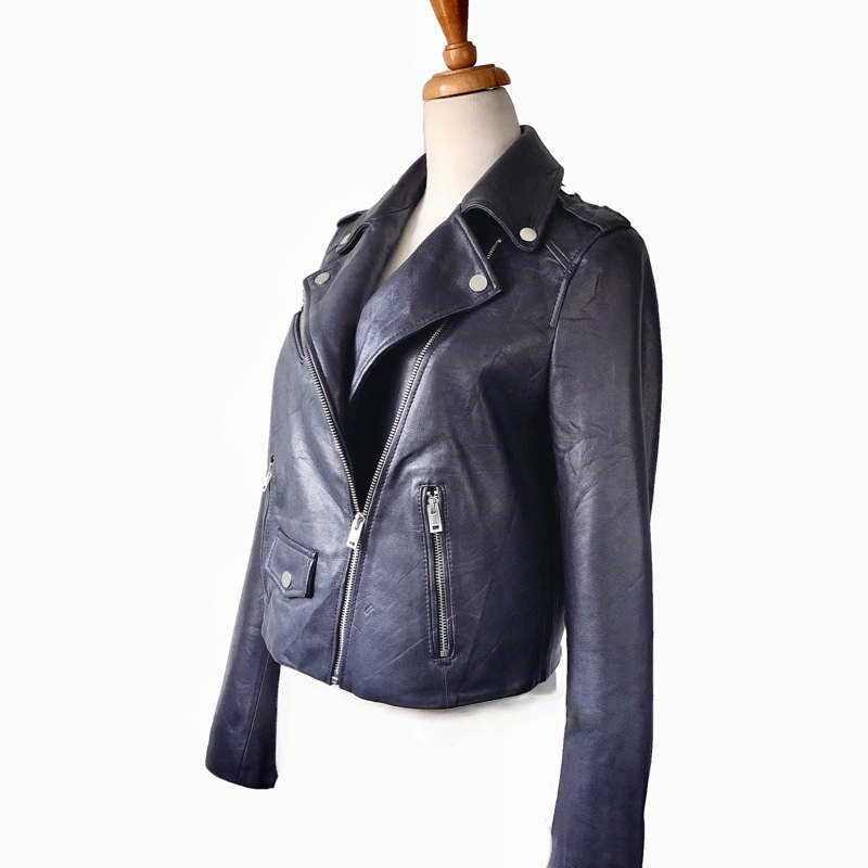 only品牌真皮女翻領夾克機車外套-2