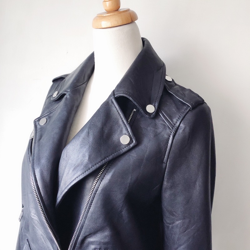 only品牌真皮女翻領夾克機車外套-3