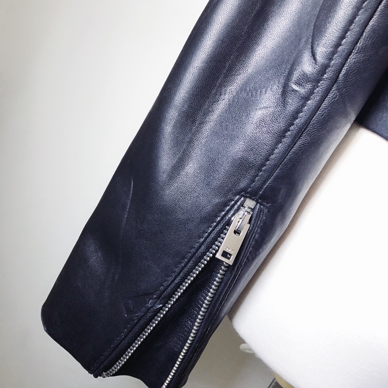 only品牌真皮女翻領夾克機車外套-4