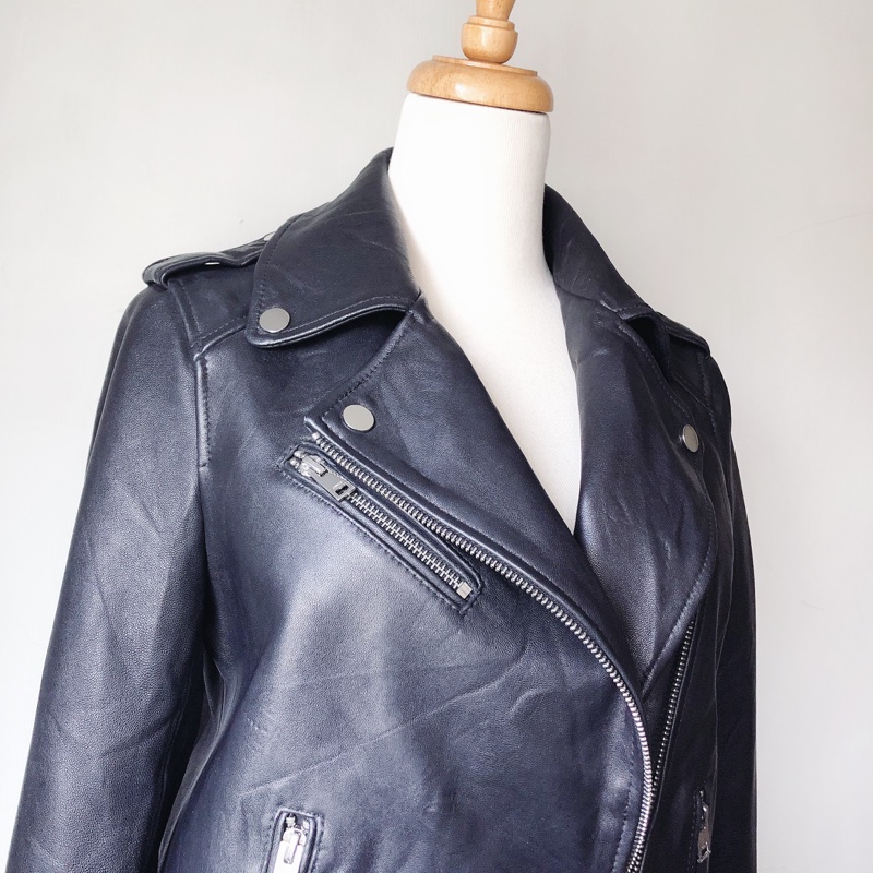 only品牌真皮女翻領夾克機車外套-5