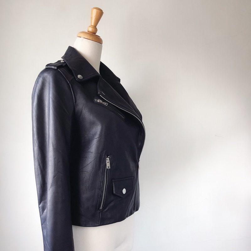 only品牌真皮女翻領夾克機車外套-6