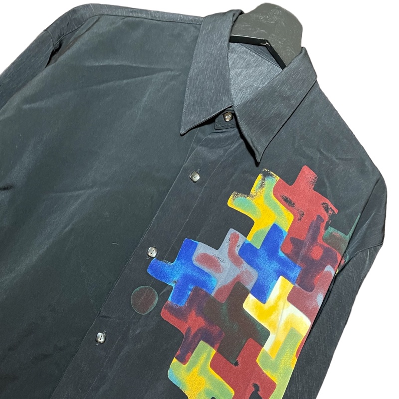 顛復古⚡️低調復古渲染拼圖圖騰古著絲質長袖襯衫❤️男女皆可F0207007-1