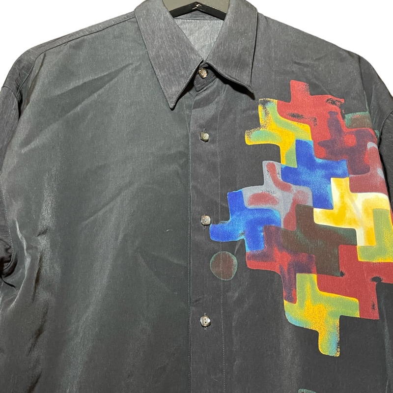 顛復古⚡️低調復古渲染拼圖圖騰古著絲質長袖襯衫❤️男女皆可F0207007-3