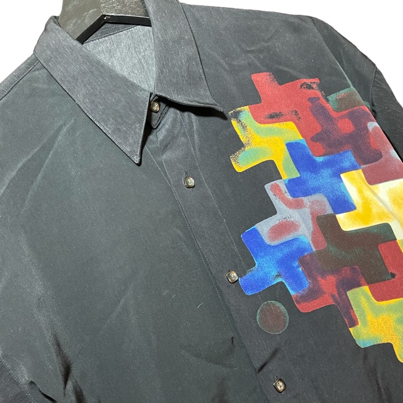 顛復古⚡️低調復古渲染拼圖圖騰古著絲質長袖襯衫❤️男女皆可F0207007-5