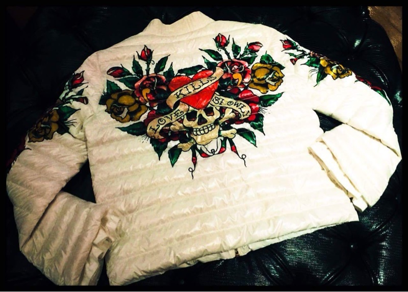 美國潮牌ED hardy老虎牌愛殺骷髏玫瑰彩色塗鴉白色羽絨外套-0