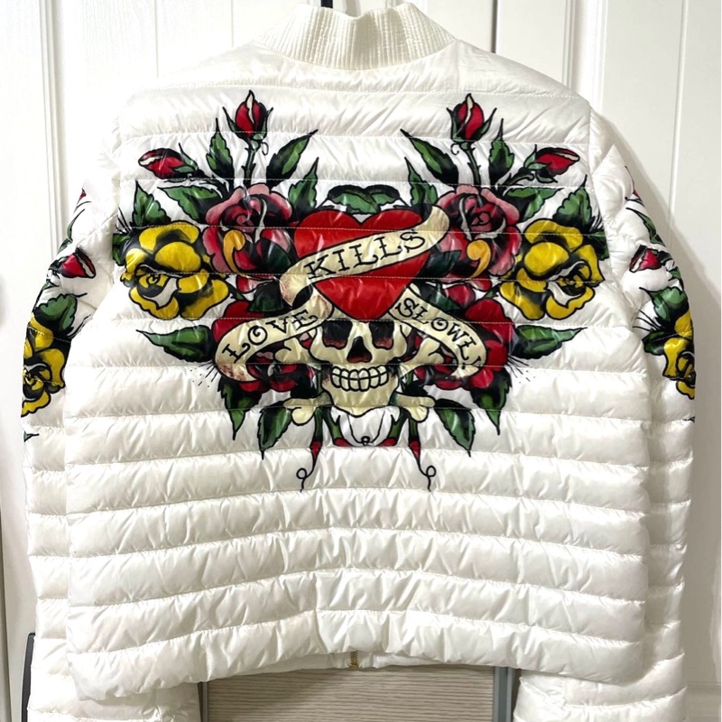 美國潮牌ED hardy老虎牌愛殺骷髏玫瑰彩色塗鴉白色羽絨外套-3