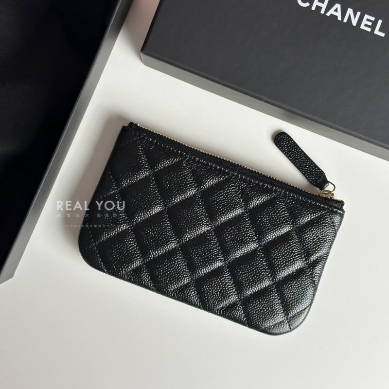 CHANEL 22K荔枝皮一字拉鍊零錢包 - 黑金-1