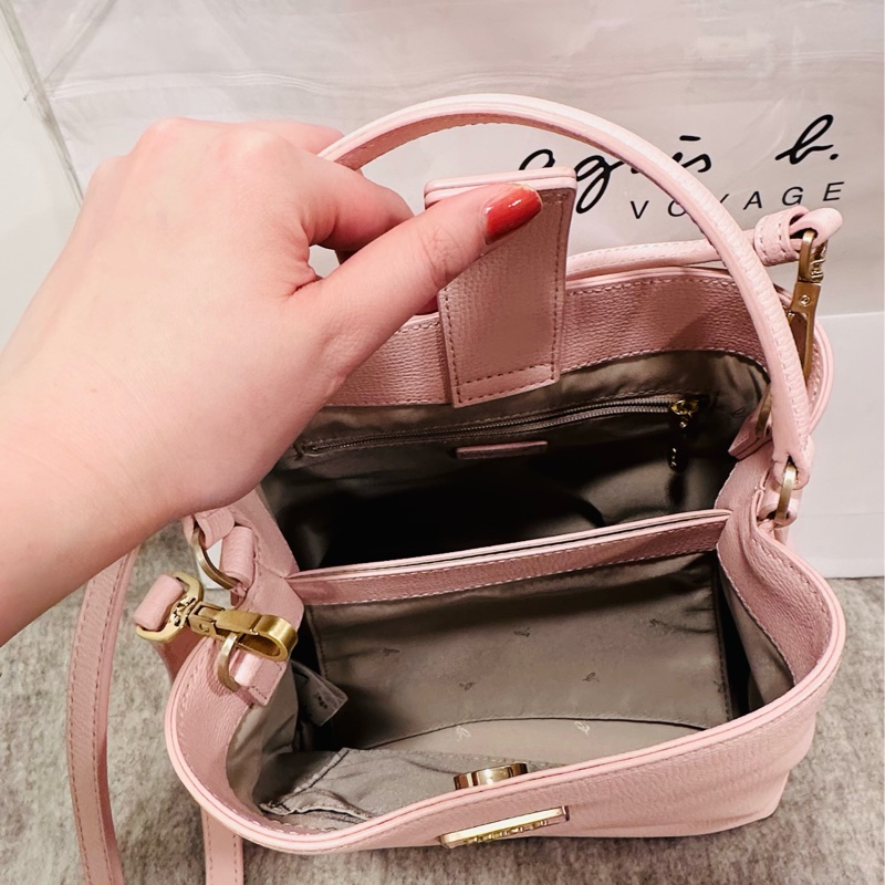 agnes b. 金屬牌皮革手提/斜背水桶包-粉-3