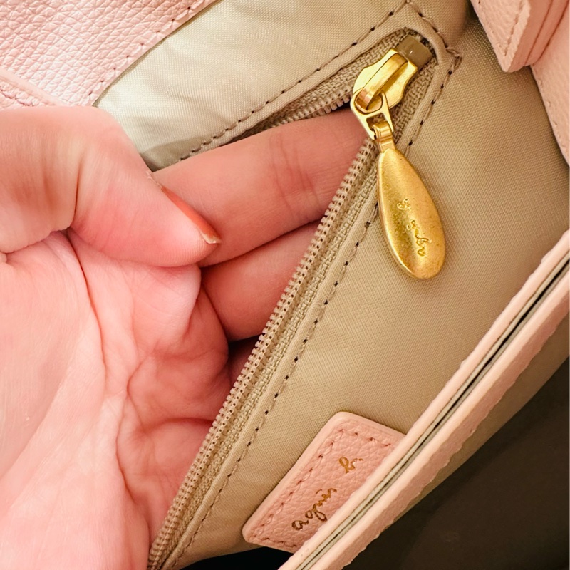 agnes b. 金屬牌皮革手提/斜背水桶包-粉-5