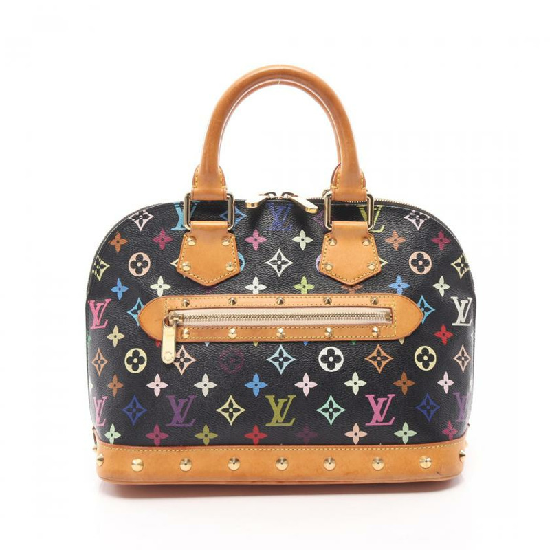 【日本直送】 中古LOUIS VUITTON 9成新 Alma 老花多彩色 黑色 手提包 PVC 真皮 黑色-0