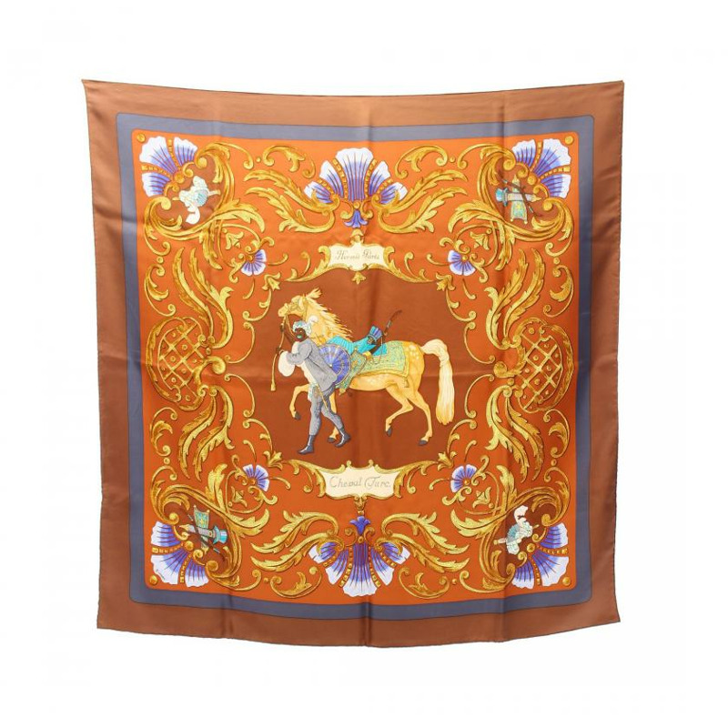 【日本直送】 中古HERMES 9成新  方巾90 「Cheval Turc」 絲巾 絲 棕色 多彩色-0