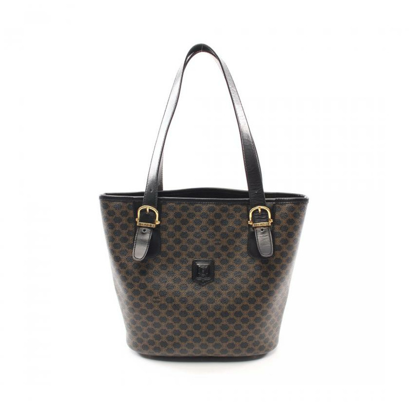 【日本直送】 中古CELINE 9成新  Macadam 手提包 PVC 真皮 黑色 深棕色-0