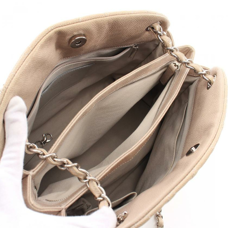 【日本直送】 中古CHANEL 9成新  菱格紋 鏈條肩包 荔枝紋皮 灰米色 銀色五金-2