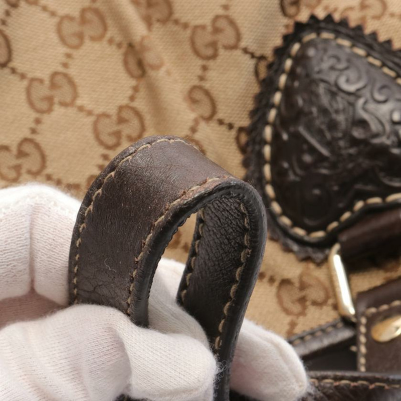 【日本直送】 中古GUCCI 9成新  Crest GG帆布 手提包托特包 真皮 米色 棕色 深棕色-5