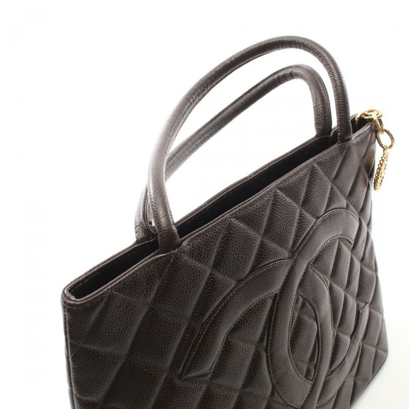 【日本直送】中古CHANEL[B]再版 手提包 托特包 荔枝紋皮 深棕色 金色五金-4