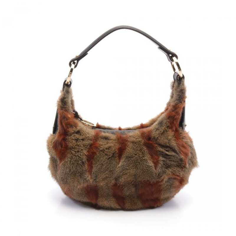 【日本直送】中古FENDI[B]手提包 毛絨 真皮 棕灰色 淺棕色 深棕色-0