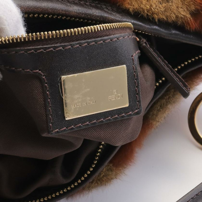 【日本直送】中古FENDI[B]手提包 毛絨 真皮 棕灰色 淺棕色 深棕色-3