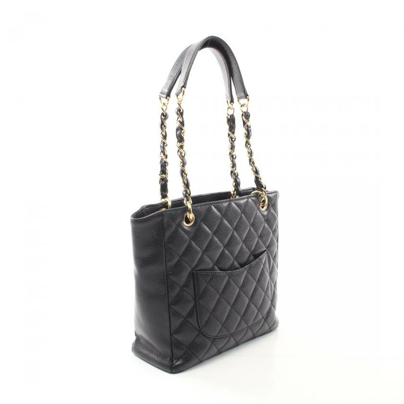 【日本直送】中古CHANEL[B]菱格紋 PST 鏈條肩包 托特包 荔枝紋皮 黑色 金色五金-1