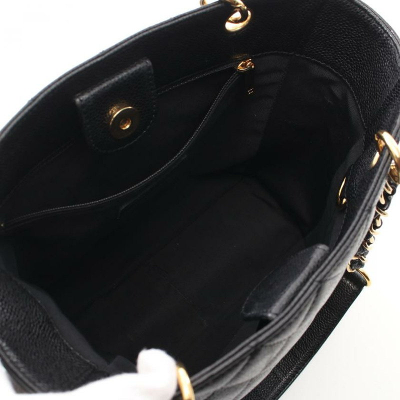 【日本直送】中古CHANEL[B]菱格紋 PST 鏈條肩包 托特包 荔枝紋皮 黑色 金色五金-2