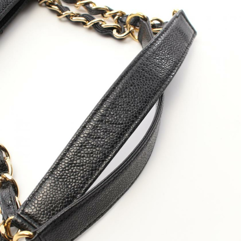 【日本直送】中古CHANEL[B]菱格紋 PST 鏈條肩包 托特包 荔枝紋皮 黑色 金色五金-5