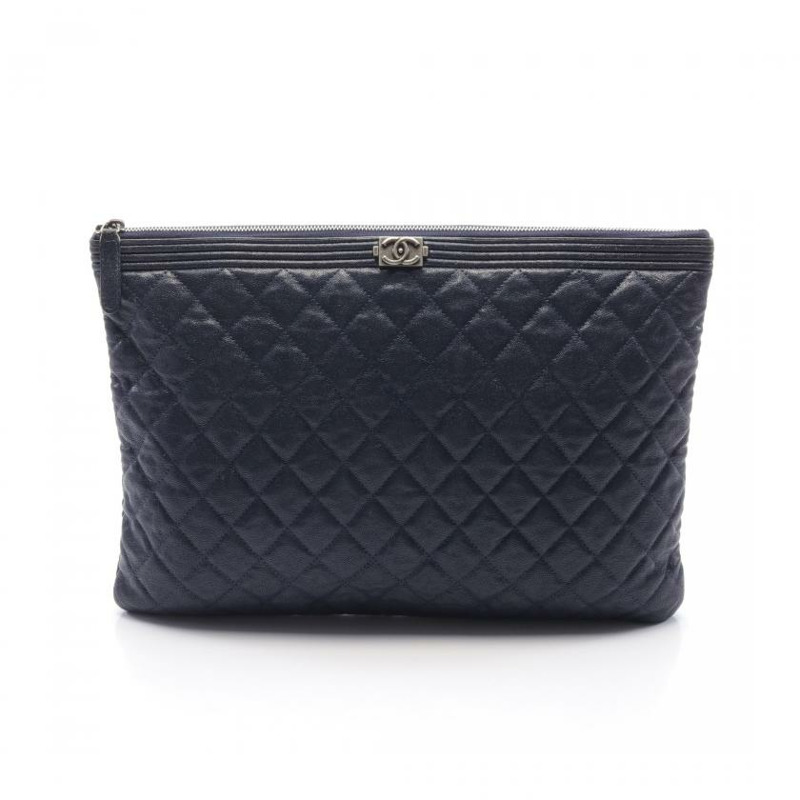 【日本直送】中古CHANEL[B]BOY CHANEL 手包 軟荔枝紋皮 海軍藍 做舊銀色五金-0