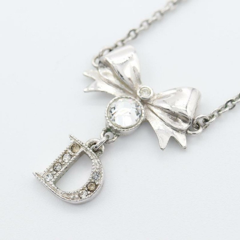【日本直送】中古Christian Dior[B]DLogo 蝴蝶結 項鍊 萊茵石 銀色 透明-0