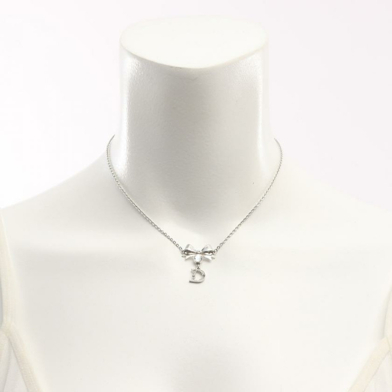 【日本直送】中古Christian Dior[B]DLogo 蝴蝶結 項鍊 萊茵石 銀色 透明-4