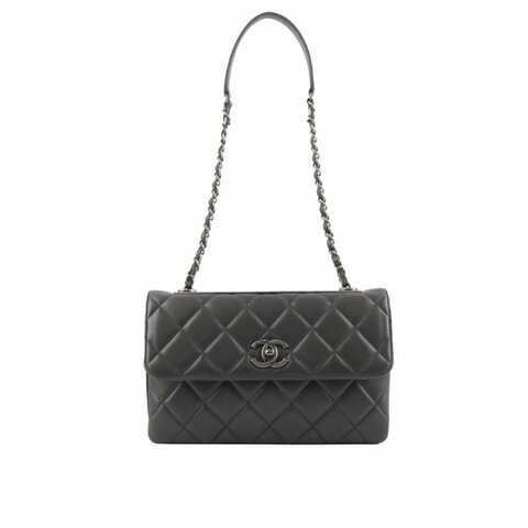 CHANEL Trendy CC 銀釦小羊皮菱格紋雙層翻蓋手拿/肩背包(深灰色)