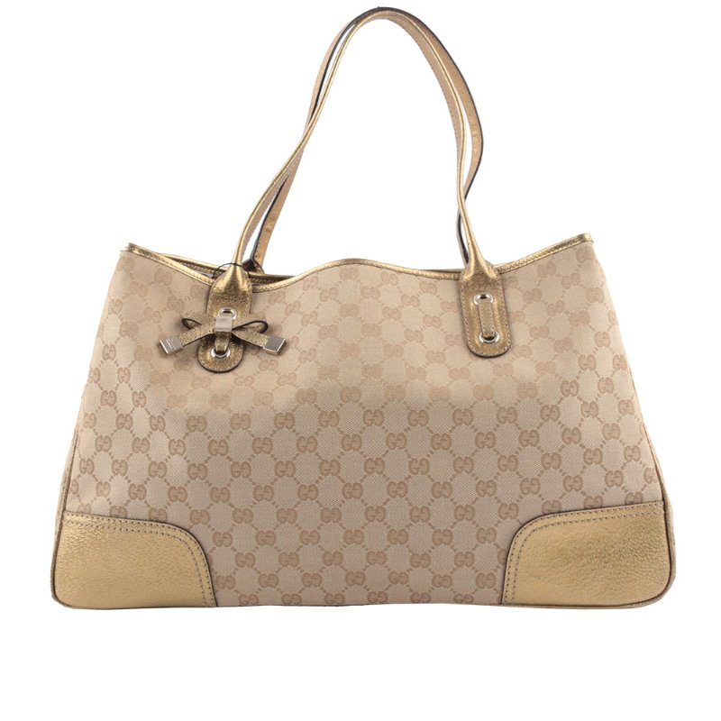 GUCCI GG Logo 緹花布拼皮革蝴蝶結托特包(金色)-0