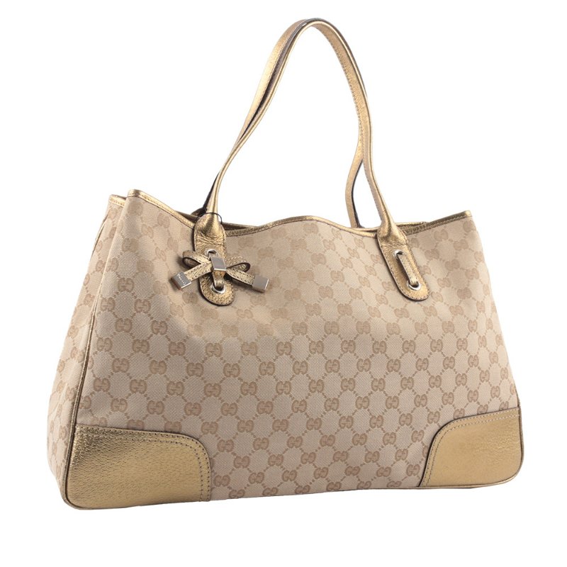 GUCCI GG Logo 緹花布拼皮革蝴蝶結托特包(金色)-1