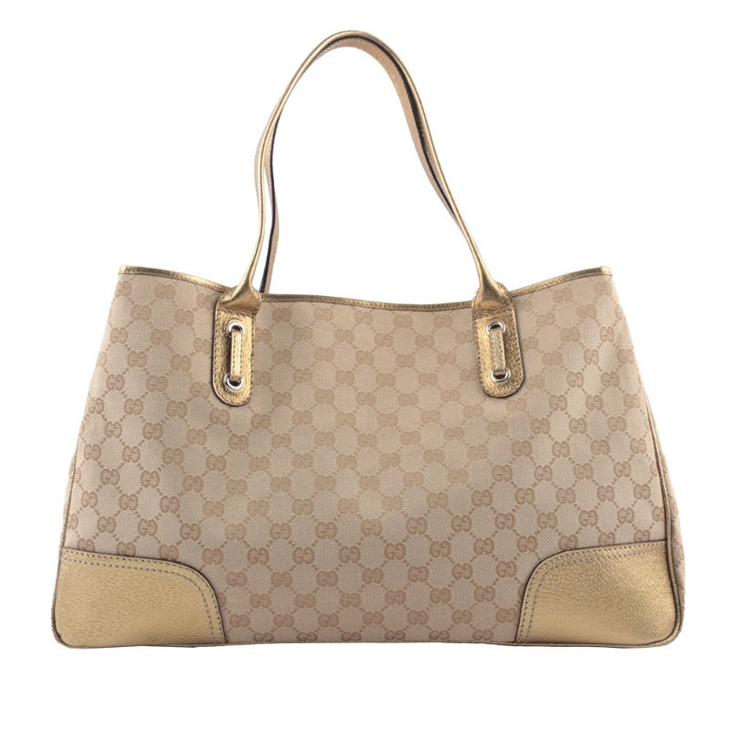 GUCCI GG Logo 緹花布拼皮革蝴蝶結托特包(金色)-2