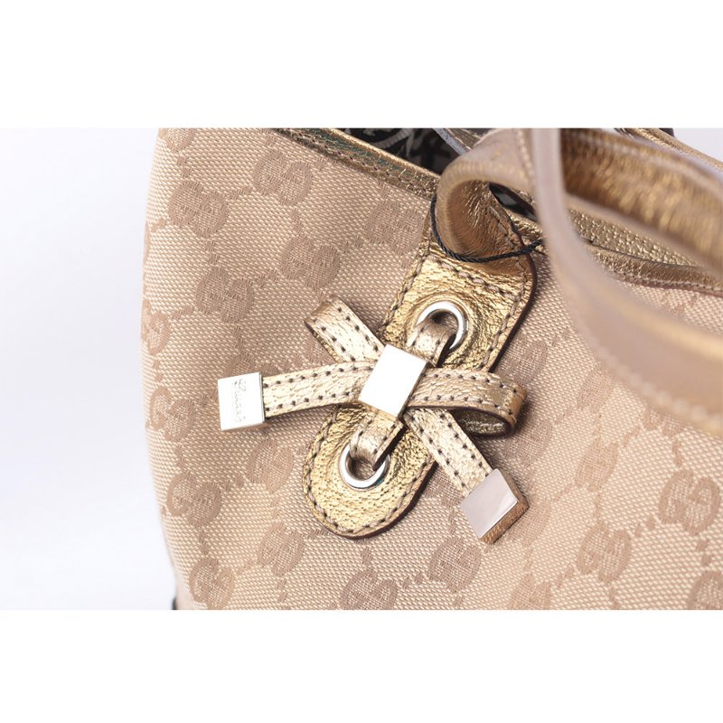 GUCCI GG Logo 緹花布拼皮革蝴蝶結托特包(金色)-4