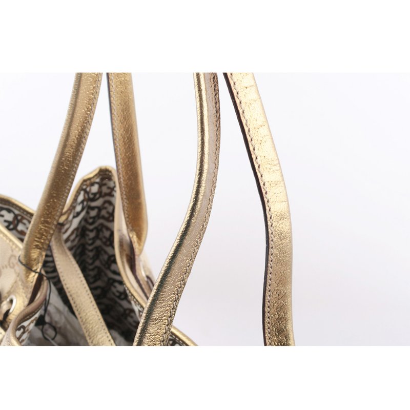 GUCCI GG Logo 緹花布拼皮革蝴蝶結托特包(金色)-5