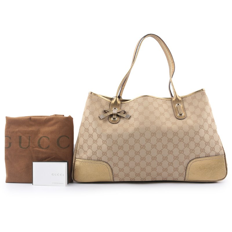 GUCCI GG Logo 緹花布拼皮革蝴蝶結托特包(金色)-8