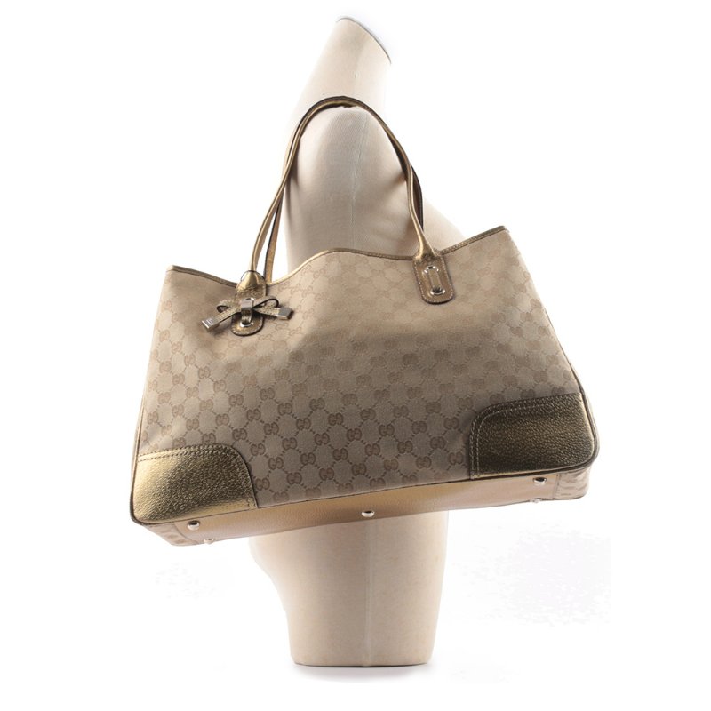 GUCCI GG Logo 緹花布拼皮革蝴蝶結托特包(金色)-10