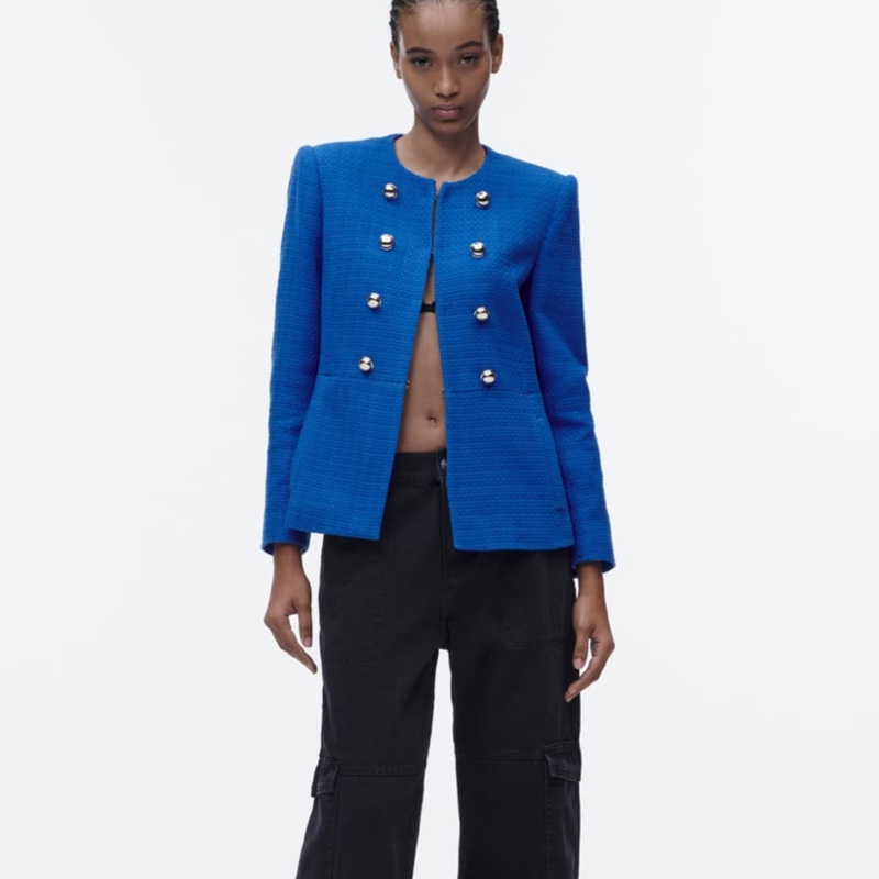 ❤️ZARA-小香風金色鈕扣紋理西裝外套M號（白）-5